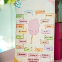 Our extensive cotton candy flavor menu, offering everything from Green Apple and Cola to classic Vanilla and Strawberry.