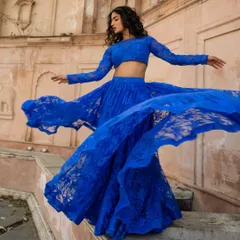 The full view of our royal blue organza lehenga. The texture and color are simply divine.