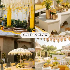 A "Golden Glow" Haldi mood board. This theme uses shades of yellow and gold, with traditional marigold flowers and elegant white and gold furniture for a radiant celebration.