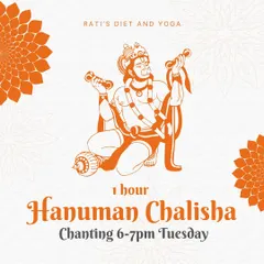 A simple and direct invitation to our 1-hour Hanuman Chalisa chanting every Tuesday. This is an open session for anyone looking to experience the benefits of collective devotional practice.
