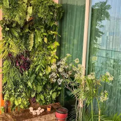 A balcony can feel like a lush jungle with the right design. Here, a dense vertical garden is paired with potted palms and flowering plants to create a rich, layered look with a small footprint.