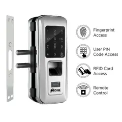 The OZ-FGL-LIFE-G2W glass door lock, suitable for both sliding and swing doors. This infographic displays its four access methods: fingerprint, user PIN code, RFID card, and remote control.