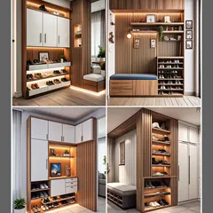 This collage shows four different entryway designs that are both elegant and practical. Each one features a combination of closed cabinets, open shoe shelves, and a seating bench, all beautifully lit to create a great first impression.