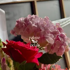 A close-up of a pink hydrangea and a red rose. This is where our ideas take shape, through petals, textures, and colors, as we explore new combinations for our floral storytelling.