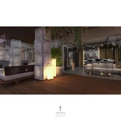 This image highlights the transition from the wooden deck of the terrace to the interior space. We used large planters and floor lamps to soften the architecture and create a resort-like feel.