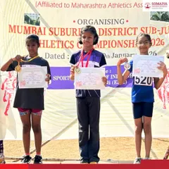 Young athletes Jiyana Nikunj Mehta and Navika Vipin Rawat on the podium after winning medals in the 50m and 100m events at the MSDAA Sub Junior Athletic Championship.