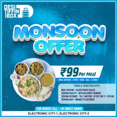 Enjoy my special Monsoon Offer! Get a complete meal with 2 rotis, rice, dal, and 2 sabjis for just ₹99. It's the perfect comfort food for a rainy day.