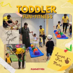 This collage gives you a great overview of a toddler trial session. You can see kids navigating a bucket obstacle course, interacting with our coaches, and exploring movement with their parents nearby.