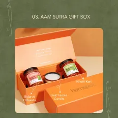 Our Aam Sutra Gift Box is a celebration of mangoes in their most delicious forms. It includes Gujarati Chhunda and Khatti Keri pickle, capturing the essence of summer in a box.