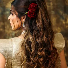 A detailed look at this gorgeous hairstyle with soft waves and red rose accents. This style adds a touch of romance and color to any party or wedding look.
