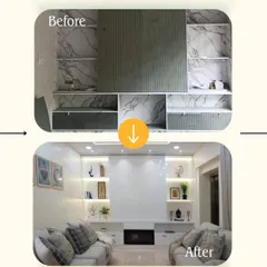 Before and After: A living room gets a complete makeover. We introduced custom-built shelving with integrated lighting and a modern fireplace to create a sophisticated and welcoming focal point.