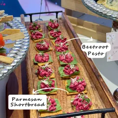 We had the joy of curating a dreamy grazing table for Bioderma's pink affair. This shot shows our Beetroot Pesto on Parmesan Shortbread, a bite that perfectly matched the event's blush-toned theme.
