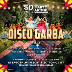 The official poster for Disco Garba Vol. 5, Bengaluru's biggest open-air Dandiya festival. I was excited to be a part of this family-safe event with live dhol.
