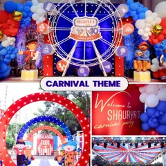 This collage showcases the complete look of a carnival theme, from the grand ferris wheel backdrop and welcome arches to the classic red, white, and blue draped ceiling. I ensure every element works together for a cohesive look.