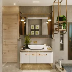 A view of the vanity area, which features a sleek vessel sink, custom cabinetry with fluted details, and an ornate brass-framed mirror.