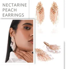 A closer look at the Nectarine Peach Earrings, showcasing the detailed beadwork and graceful movement of the pearl drops.