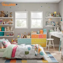 We love creating bright and cheerful spaces for kids. This room features colorful dressers and open shelving, providing plenty of storage for toys and books.