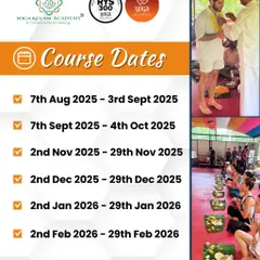 A detailed look at the course dates for our 300-hour advanced training in Kerala. This graphic also shows glimpses of our welcome ceremony and traditional sattvic meals served on banana leaves.