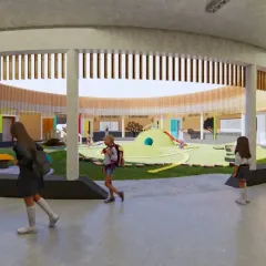 A look into the central courtyard at Urban Gurukul, a K-12 school I designed. The space is a secure, vibrant play area for kindergarteners, using bright colors and open corridors to inspire joy and learning. My focus here was on creating interactive spaces that make education a hands-on experience.