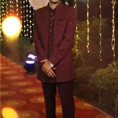 We also offer menswear for rent, like this stylish maroon three-piece Jodhpuri suit. It's a great option for attending a wedding or reception.