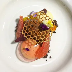 A beautiful dessert of cardamom parfait, cacao mousse, fresh pomelo, and a delicate honeycomb tuile for crunch.