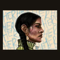 The full view of my digital artwork, created on Bamboo Paper. The background features the word "HER" repeated, adding a layer of meaning to the portrait.
