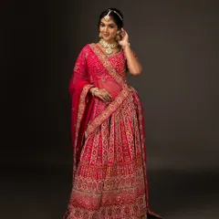 A full-length studio portrait showcasing a magnificent pink bridal lehenga. My focus here is on capturing the grandeur of the outfit and the bride's graceful posture against a simple, dark backdrop.