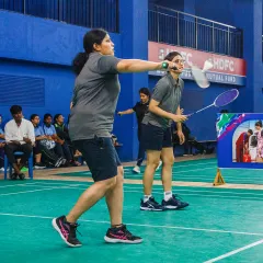 A women's doubles match during the HPCL All India Inter-Unit Sports event. Our tournaments are inclusive, with categories and events for employees of all skill levels and genders.