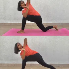 Parivrtta Parsvakonasana (Revolved Side Angle Pose) variations. This powerful standing twist increases stamina, improves balance, and stretches the shoulders and spine.