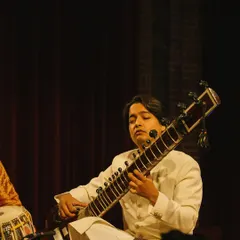A wider shot of my performance in Amsterdam, with my student on Tanpura and Heiko Dijker on Tabla. It was a proud moment to have my student join me on stage for the first time.