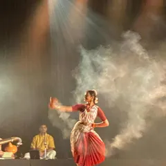 A moment from "Sharad" where I use smoke and lighting to create an ethereal, autumnal atmosphere on stage. This production was my first full-length thematic work, from concept to choreography.