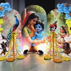 A playful and divine celebration for the little one on the way. This Krishna-themed decor combines a beautiful printed backdrop with cheerful balloon arrangements, creating a joyful and picture-perfect setting for your baby shower.
