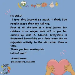 A glowing review for "Gut, Set, Go!" from a happy parent, praising its unique concept and beautiful illustrations.