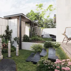This image showcases a zen-inspired garden space. The visualization details the irregular stone pathway, wooden deck elements, and carefully placed sculptures, highlighting my ability to render curated and artistic landscape designs.