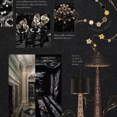 A design and inspiration board for a 50th birthday celebration. It outlines the color palette, lighting installations, table fabric choices, and the thematic wallpaper that will tie the entire event together.