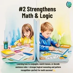Benefit 2: Strengthened Math and Logic. Learning to conjugate verbs, match tenses, or decode sentence rules builds the logical reasoning and pattern recognition skills that are perfect for math success.