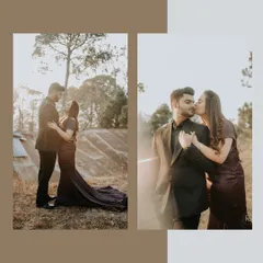 This collage showcases a couple's pre-wedding shoot at a beautiful estate, capturing both a wide shot with the flowing gown and an intimate, romantic kiss.
