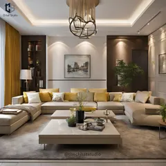 This living room, part of a duplex concept for two brothers in Amritsar, showcases a spacious L-shaped sofa with pops of yellow, creating a vibrant yet sophisticated social area. The design balances comfort with a modern aesthetic, perfect for family gatherings.