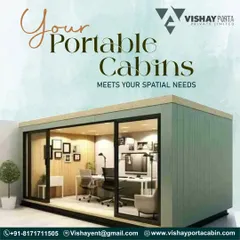 Your portable cabin meets your spatial needs. This graphic showcases a modern, minimalist office pod with large glass windows, perfect for a backyard office or a creative studio.