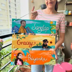 Creating personalized gifts that tell a family's story is one of our favorite things to do. We painted this custom three-tier nameplate for Priyanka, featuring her husband and their adorable fur baby, Gracey. It’s more than a nameplate; it’s a piece of family art.