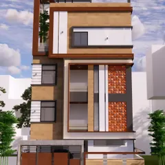 A second elevation option for the same Yelahanka duplex, showcasing a different arrangement of facade elements and colors. We provide multiple design concepts to help clients find the perfect look.