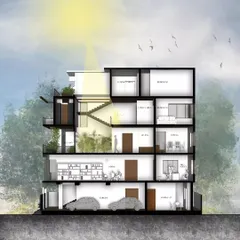 A rendered section showing how we use double-height spaces and skylights to create visual connectivity and bring in daylight. This drawing illustrates the connection between the living area, upper floors, and outdoor terrace.