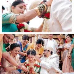Two significant moments from a South Indian wedding: the groom tying the mangalsutra and the couple being blessed by family with akshata.