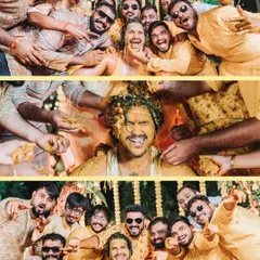 The groom and his squad. This collage captures the fun and camaraderie as the groomsmen celebrate his Haldi ceremony with enthusiasm.