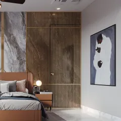 This angle reveals a hidden door within the fluted wood paneling, a design detail that my visualization makes clear. The render also highlights the curated artwork and the soft glow of the bedside lamp.