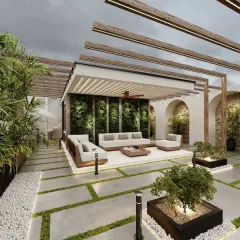 This terrace is designed as a serene urban escape. The design incorporates a wooden pergola for partial shade, a lush vertical garden wall, and carefully placed planters to blend nature with modern comfort. It’s the perfect setting for both quiet relaxation and social gatherings.