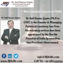 We handle a substantial volume of criminal litigation, including revisional applications and appeals. This image showcases the firm's foundation, led by Dr. Anil Kumar Gupta, who was awarded the President's Rover Award.