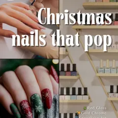 Get ready for any celebration with our festive nail art. Here, we combined matte red and green polish with delicate, hand-painted snowflakes and gold chrome accents for a unique Christmas look.