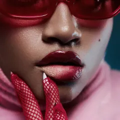 A macro beauty shot focusing on the lips and nails. This kind of tight framing requires perfect lighting to showcase the color, texture, and application of the cosmetic products.