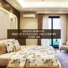 In this master bedroom, you wake up to elegance and comfort every day. The room features a sitting area by the window, a custom headboard with integrated lighting, and direct access to the outdoors.